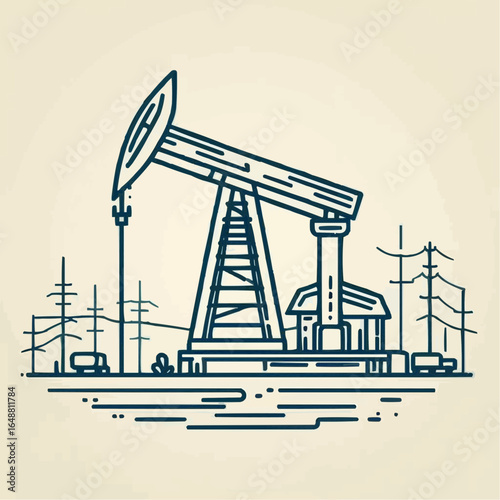Oil pump jack illustration in a landscape with trees and water in a minimalistic style