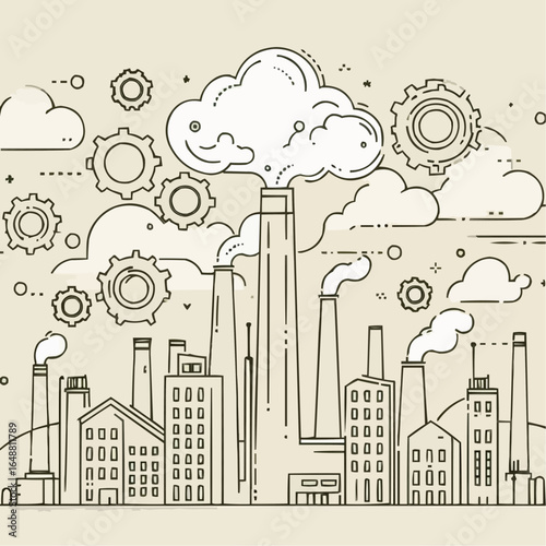 Industrial factory illustration with smoke, gears, and clouds in a minimalistic style