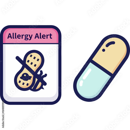 Peanut allergy alert icon and medication capsule for treatment. Vector illustration concept for food allergens, intolerance, and healthcare.