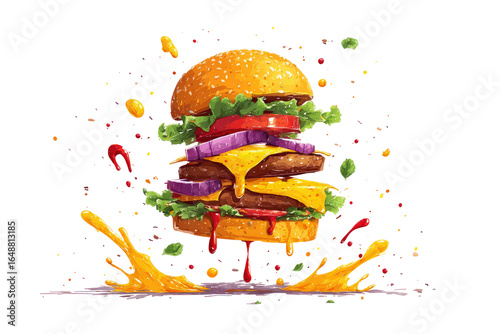 A vibrant double-decker burger explodes with splashes of sauce and toppings