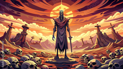 Ezekiel stands in a valley filled with dry bones, watching as they miraculously come together, covered in flesh beneath a glowing sky, the atmosphere infused with divine awe.