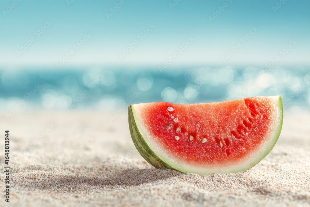 A watermelon slice sits on a sandy beach with a blurred blue sea and sky in the background A watermelon slice sits on a sandy beach with a blurred blue sea and sky in the background