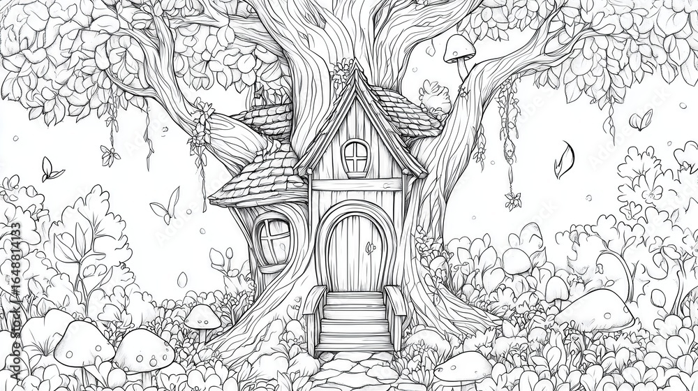 Naklejka premium treehouse nestled within a lush forest, perfect for coloring and inspiring magical dreams. Butterflies and mushrooms add to its charm.