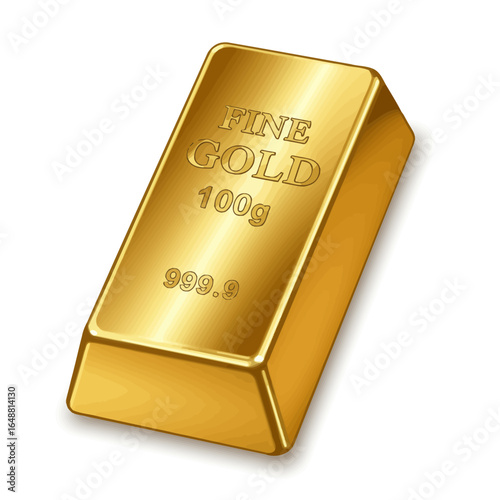 A shiny, polished gold bar weighing 100 grams with a purity of 999.9, isolated on a white background.