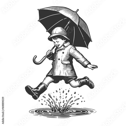 young child in raincoat and boots holding an umbrella while joyfully splashing in a puddle sketch engraving generative ai fictional character vector illustration. Scratch board. Black and white image.