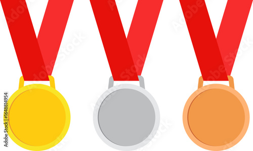 Gold, silver and bronze medal with blank surface and red ribbon. Vector illustration with transparent background.
