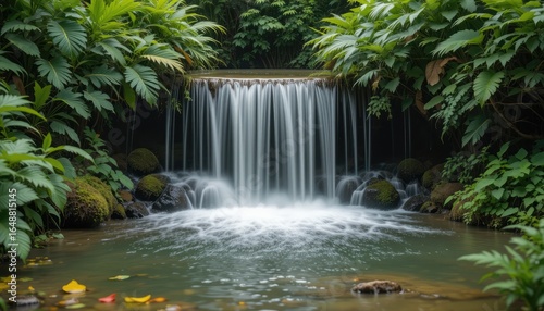 A tranquil waterfall surrounded by lush green foliage and moss covered rocks in a serene setting