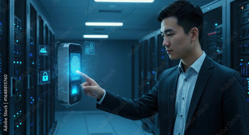 custom made wallpaper toronto digitalMan in suit interacts with server room equipment blue light illuminates.