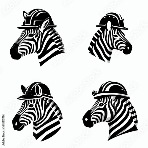 Zebra head with engineer helmet. Construction Site Civil Engineering Safety Surveying Clipart Line Art Vector Illustration. Equine cranium wearing mechanic protector job theme.