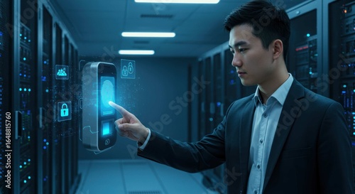 Wallpaper Mural Man in suit interacts with server room equipment blue light illuminates. Torontodigital.ca