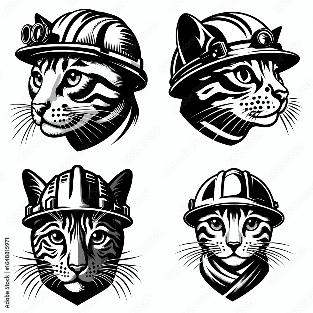 Fototapeta premium Bengal Cat head with engineer helmet. Construction Site Civil Engineering Safety Surveying Clipart Line Art Vector Illustration. Feline hard hat a domestic animal wearing worker gear.