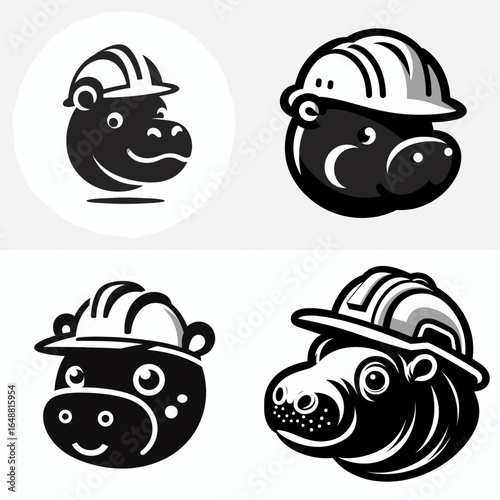 baby hippo head with engineer helmet. Construction Site Civil Engineering Safety Surveying Clipart Line Art Vector Illustration. Young water horse cranium hardhat for a builder.