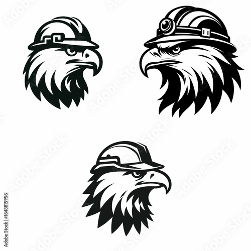 Bald Eagle head with engineer helmet. Construction Site Civil Engineering Safety Surveying Clipart Line Art Vector Illustration. Patriotic fowl cranium wearing hard hat avine lead builder.