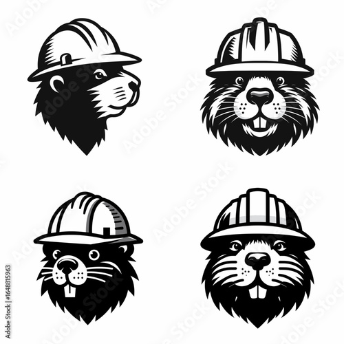 Beaver head with engineer helmet. Construction Site Civil Engineering Safety Surveying Clipart Line Art Vector Illustration. Rodent cranium builder hard hat construct occupation icon.