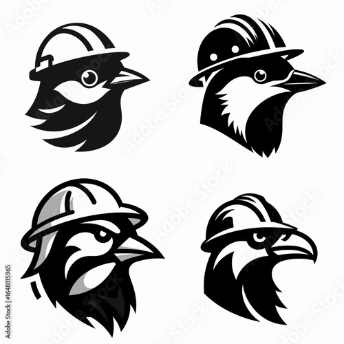 bird head with engineer helmet. Construction Site Civil Engineering Safety Surveying Clipart Line Art Vector Illustration. Fowl face wearing hardhat builder vocation avian portrait.