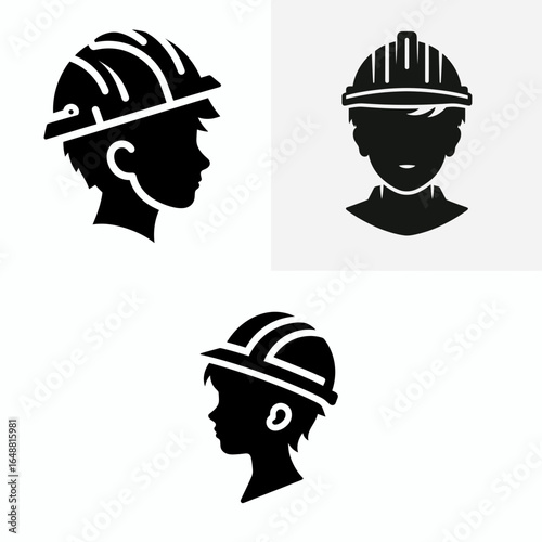 boy head with engineer helmet. Construction Site Civil Engineering Safety Surveying Clipart Line Art Vector Illustration. Young male visage hardhat project profession headwear.
