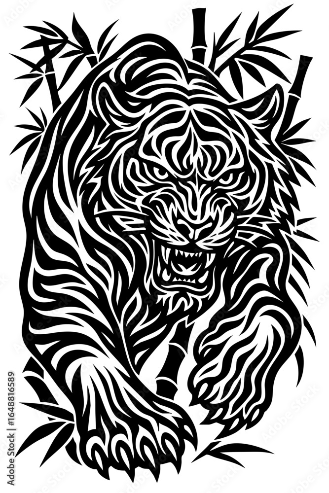 Roaring Tiger with Bamboo – Black and White Vector Illustration in Bold Line Art Roaring Tiger with Bamboo – Black and White Vector Illustration in Bold Line Art