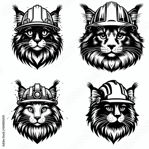 Maine Coon Cat head with engineer helmet. Construction Site Civil Engineering Safety Surveying Clipart Line Art Vector Illustration. Large feline visage donning builder headgear a pet.