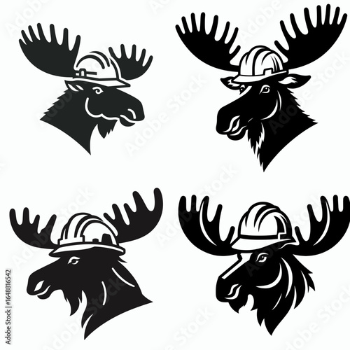 Moose head with engineer helmet. Construction Site Civil Engineering Safety Surveying Clipart Line Art Vector Illustration. Large elk cranium hardhat a comical animal worker image.