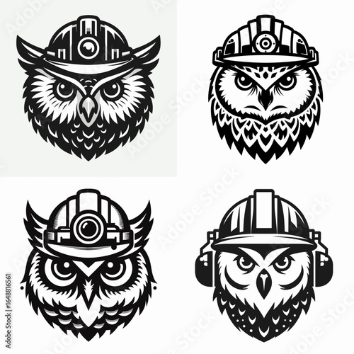 Owl head with engineer helmet. Construction Site Civil Engineering Safety Surveying Clipart Line Art Vector Illustration. Bird cranium hardhat technical occupation job emblem.