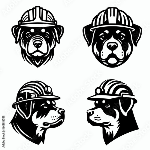 Rottweiler Dog head with engineer helmet. Construction Site Civil Engineering Safety Surveying Clipart Line Art Vector Illustration. Canine visage wearing technician hardhat a german.