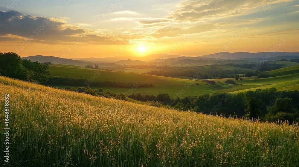 Fototapeta premium Golden sunset over rolling green hills and fields