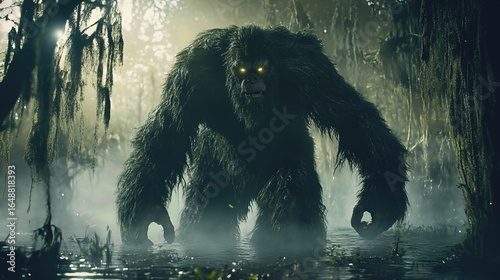 digital painting of a large, hairy creature lurking in a swampy environment. The monster looks menacing and evokes a sense of fear.