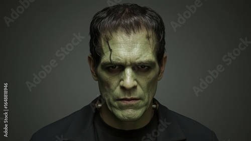 Close up portrait of a green skinned man with a stitched forehead and bolts on his neck wearing a dark jacket