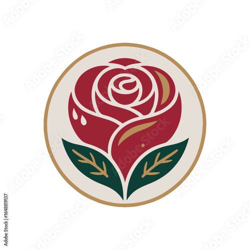 An elegant red rose flower with leaves in a circular badge, a simple and beautiful nature logo vector illustration design,