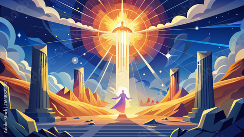In semi-realistic vector style, light radiates across the scene, illuminating rising forms, sacred transformation, and celestial wonder, capturing the profound mystery of life restored by heavenly pow