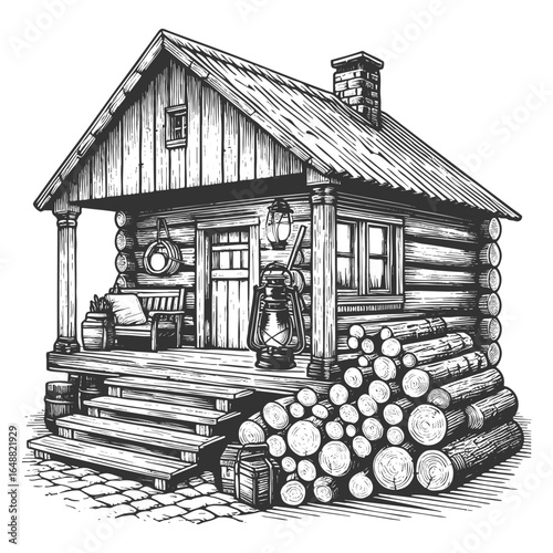 rustic log cabin with a front porch, hanging lanterns, and neatly stacked firewood sketch engraving generative ai vector illustration. Scratch board imitation. Black and white image.