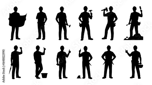 Silhouettes of construction workers with tools and blueprints