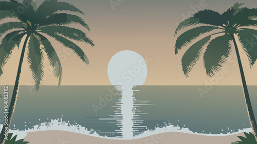 Tropical beach sunset with umbrellas and deck chairs by the sea