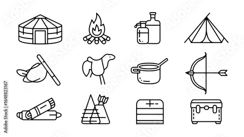 Collection of hand drawn nomadic lifestyle and camping icons