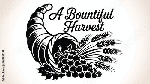 Black and White Bountiful Harvest Cornucopia Illustration with Wheat and Grapes Depicting Abundance for Thanksgiving and Autumn Holiday Celebrations Representing a Symbol of Prosperity
