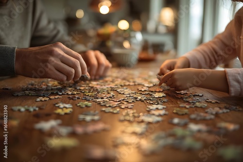 Two hands assembling a colorful jigsaw puzzle on a wooden table.