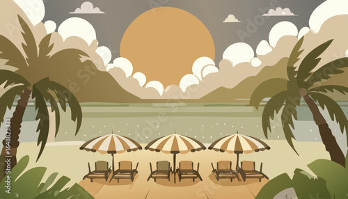 Tropical beach sunset with umbrellas and deck chairs by the sea