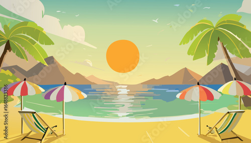 Tropical beach sunset with umbrellas and deck chairs by the sea