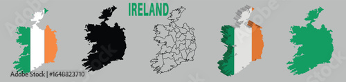 set of political maps of Ireland with regions and flag map isolated on grey background