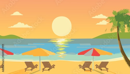 Tropical beach sunset with umbrellas and deck chairs by the sea