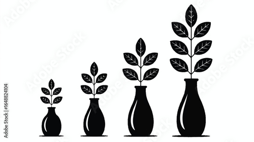 Black and white illustration depicting growth stages of a plant in vases symbolizing progress and development simple design for business concepts elegant and minimalist style financial growth concept