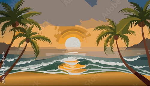 Tropical beach sunset with umbrellas and deck chairs by the sea