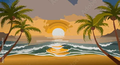 Tropical beach sunset with umbrellas and deck chairs by the sea