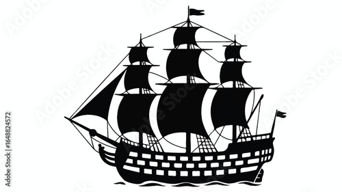 Black and White Silhouette of a Majestic Sailing Ship with Full Sails Navigating the Open Sea Revealing History and Adventure Perfect for Nautical Themes and Maritime Concepts