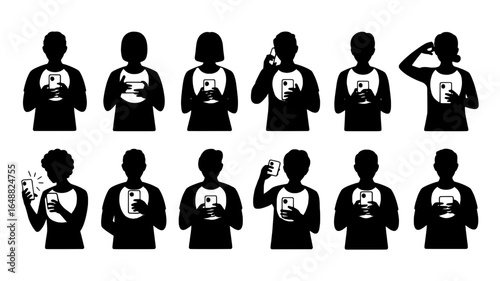 Diverse silhouettes of people using smartphones in various poses