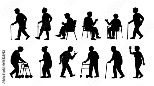 Diverse silhouettes of elderly people with walking aids and chairs