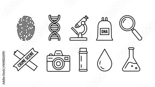Collection of forensic science icons and symbols for crime investigation