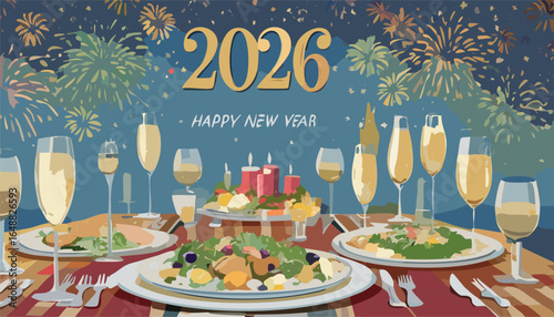 Elegant New Year 2026 celebration dinner with fireworks and champagne