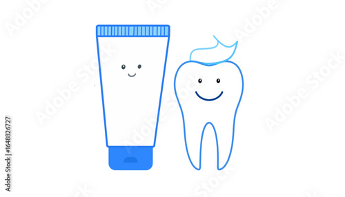 Cute cartoon tooth and toothpaste characters smiling together. Concept of dental care, oral hygiene, and healthy teeth for children.