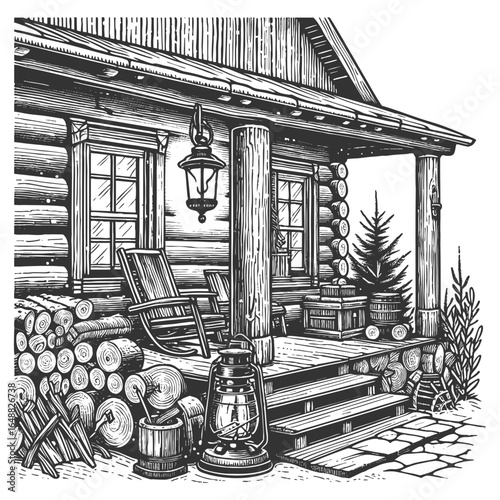 rustic log cabin with a front porch, hanging lanterns, and neatly stacked firewood sketch engraving generative ai vector illustration. Scratch board imitation. Black and white image.